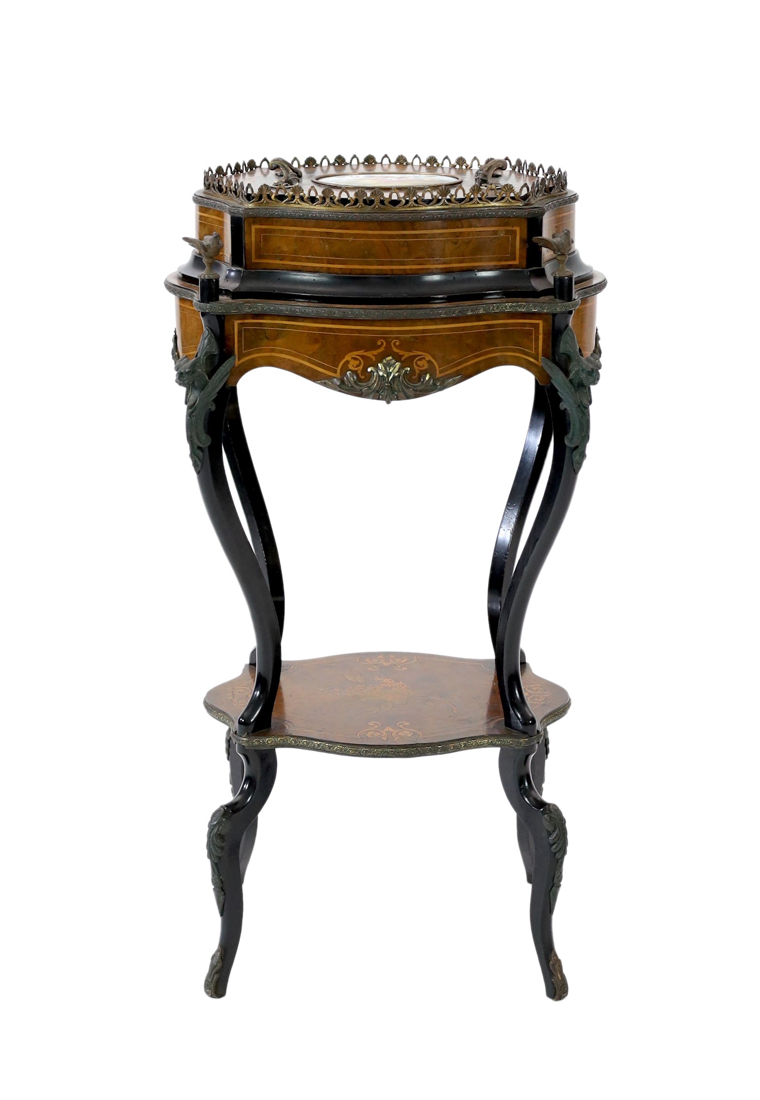 A 19th century French walnut and marquetry porcelain mounted two tier table, width 48cm, depth 35cm, height 88cm